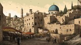 Fototapeta  - Al-Aqsa embraced by the ancient city walls, the Palestinian flag flying proudly, the bustling markets of the Old City surrounding it, a mix of history and contemporary life, Illustration, digital art
