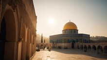 The Al-Aqsa Mosque At Sunrise, Bathed In A Warm, Golden Light, With The Dome Of The Rock In The Foreground, An Atmosphere Of Tranquility And Spirituality, Photography