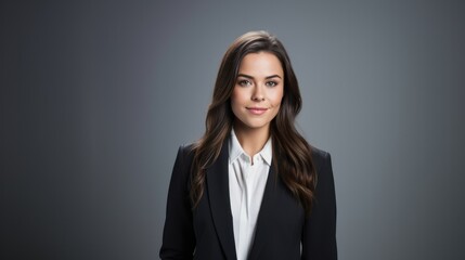 Wall Mural - Portrait of successful businesswoman standing on gray background.