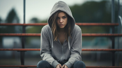 a depressed female teenager wearing a hoodie, sitting on bleachers alone.