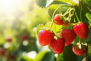 Poster - Harvesting of fresh ripe big organic red strawberry fruit in garden. Banner with strawberry plants in a planthouse.