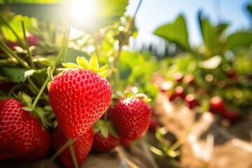 Sticker - Harvesting of fresh ripe big organic red strawberry fruit in garden. Banner with strawberry plants in a planthouse.