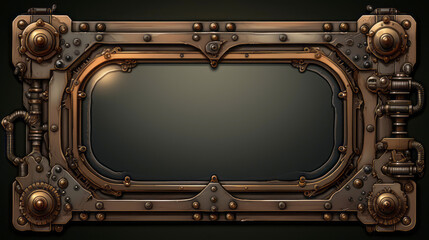 rectangular frame in steampunk style with a white background. Ornate frame, with steampunk aesthetics. Gears, clockwork elements, rivets, dials, fantasy