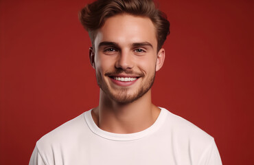 Wall Mural - Handsome Male in white t-shirt. Young Man on Red Background