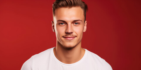 Wall Mural - Young Handsome Man in white t-shirt on Red Background