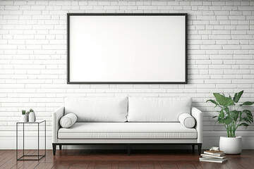 Wall Mural - Above the couch, a blank poster template. Brick wall and hardwood flooring. Photo and writing frames. Generative AI