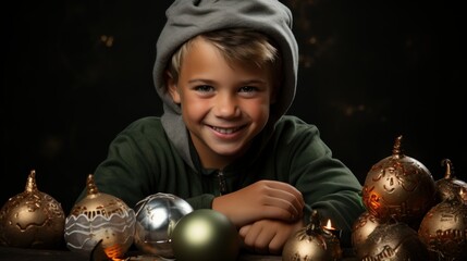 Wall Mural - portrait of a smiling child wearing christmas hat, copy space, christmas background and wallpaper