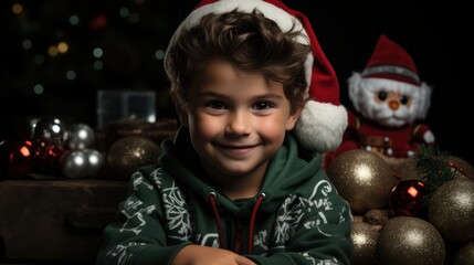 Wall Mural - portrait of a smiling child wearing christmas hat, copy space, christmas background and wallpaper