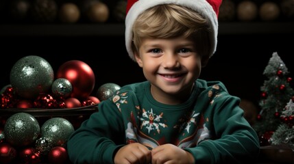 Wall Mural - portrait of a smiling child wearing christmas hat, copy space, christmas background and wallpaper