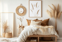 Boho Bedroom With White Wall, Wooden Bed, Beige Blanket, Tassel Cushion, And Dried Pampas Grass. Floor-standing Frame Mockup. Generative AI