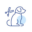 Pet grooming salon. Sitting dog and haircut scissors. Pixel perfect, editable stroke icon