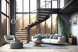 © Sona - Mezzanine living area, curving glass railing, modern design, interior scene and mockup. Generative AI