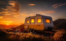 Reality Photo Travel Trailer At Dusk With A Bright Yellow Sunset Behind The Ridge