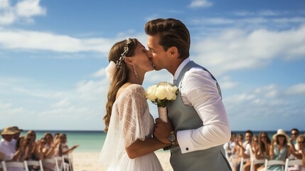 Wall Mural - Bride and groom kissing on sand beach at the wedding.