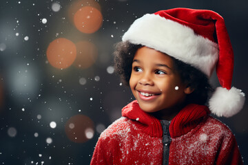 Portrait of a cheerful child in a red Santa hat. Christmas photo.