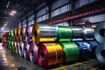 Rolls of steel sheet inside the factory, Various colors.