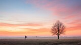 Fototapeta Las - A lone figure looking out at the sunrise on a serene pink background in the new year