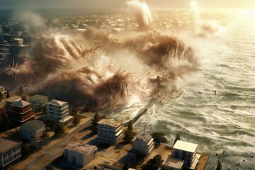 Devastating tsunami strikes coastal city, causing massive destruction along the shoreline. Generative AI