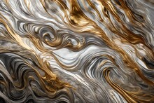 Close-up View Of Transparent Fluid With Swirling Silver And Gold Streaks, Forming An Opulent And Luxurious Abstract Composition.