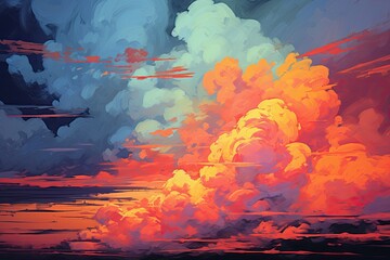 Sticker - abstract scene with smoke and fire in the sky, vector illustration, cumulonimbus sunset impasto post impressionism neon vibrant dramatic, AI Generated