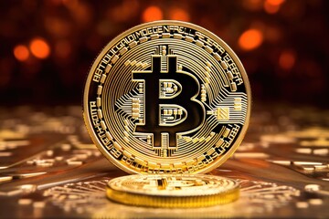 Poster - Golden bitcoin on a gold background with bokeh. Cryptocurrency concept, Cryptocurrency golden bitcoin coin, AI Generated