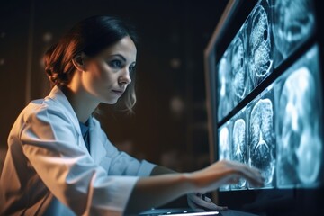 Wall Mural - Young female doctor looking at x-ray image of lungs. Medical and healthcare concept. A female doctor examines an MRI image, AI Generated