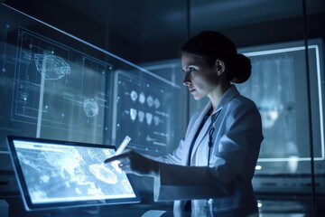 Wall Mural - Young female doctor working with futuristic interface in dark office. Technology and medicine concept, A female doctor with a tablet checking on medical information, AI Generated