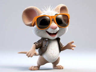 A Cartoon 3D Mouse Wearing Sunglasses on a Solid Background