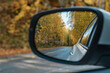 car mirror reflection, Autumn landscape, road in autumn forest