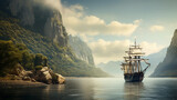 Fototapeta  - 船が静かな海を航行する風景