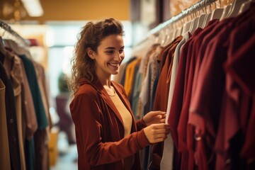 Beautiful young woman looking at the clothing in the store. Young girl stands in a room with a large wardrobe. Shopping concept.