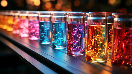 Multi-colored glass flasks and flasks with chemical test tubes in a scientific medical microbiological laboratory with research equipment