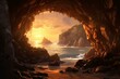 An enchanting coastal scenery showcasing a cave bathed in warm sunset light. Generative AI