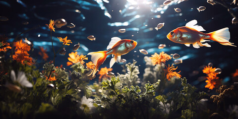 exotic tropical goldfish gold fish swims underwater in ocean in an aquarium