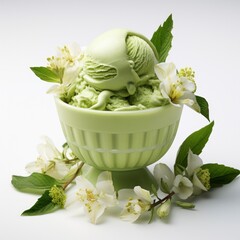 Wall Mural - Matcha ice cream dessert on white background.