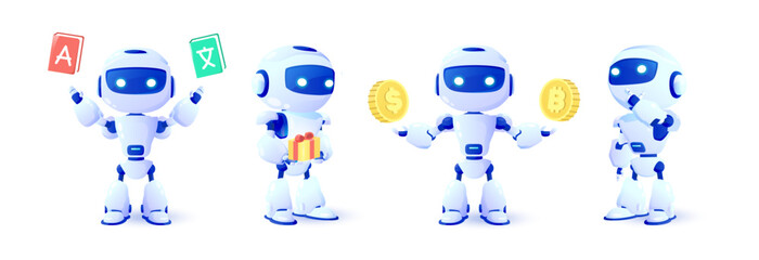 Set of 3d robots in different views. Online communication with artificial intelligence chat bot. Modern technology. Online consultation.