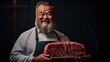 Studio shot, smiling face looking at camera. of a mustachioed butcher holding an appropriately sized block of Japanese Wagyu beef