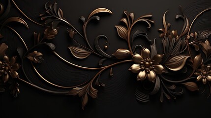 Wall Mural - Luxuriant blossoms design with a hint of gold on a black background