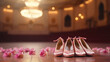satin pink ballet shoes, pointe shoes lie on the theater stage, hall, ballerina outfit, rehearsal, performance, show, auditorium, clothing, architecture, formal, elegant