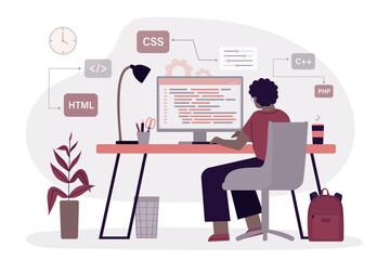 african american woman programmer or coder sitting at desk and working. website designer, developer 