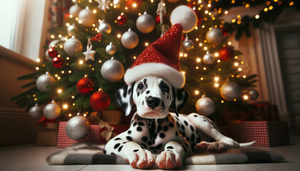 New year present concept. A puppy under the Christmas tree. Dog in Santa hat. Ai generative.