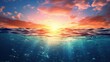 A design template featuring an abstract representation of the ocean, with the underwater world contrasting with the warm hues of a sunset sky, divided by the waterline. The scene includes picturesque 