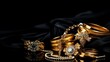 A collection of stunning gold jewelry elegantly arranged against a sophisticated black backdrop, creating a visually captivating composition with ample space for text or additional elements