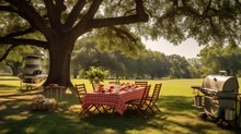 A Quaint, Countryside BBQ Picnic, With A Vintage Grill Radiating A Nostalgic Charm Under The Shade Of Tall Oaks