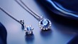© Chingiz - Exquisite women's platinum necklace and earrings featuring the brilliance of diamonds and the allure of blue sapphire stones, showcased against a rich silk blue background in a captivating close-up