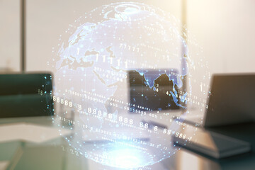 Wall Mural - multi exposure of abstract programming language hologram with world map and modern desk with compute