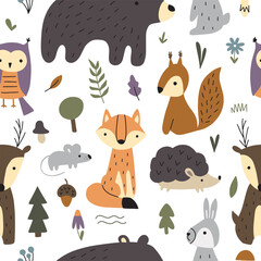 Wall Mural - Seamless pattern of cute woodland animals and birds with natural elements. Vector illustration for nursery and textile decoration