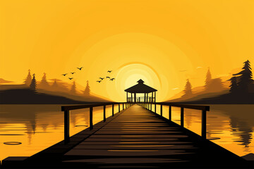  vector illustration of pier view on lake, black silhouette