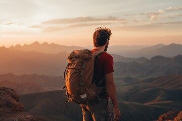 Wall Mural - Handsome young man with backpack hiking in the mountains at sunset