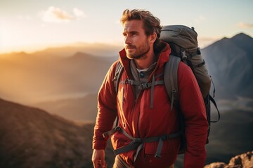 Wall Mural - Handsome young man with backpack hiking in the mountains at sunset